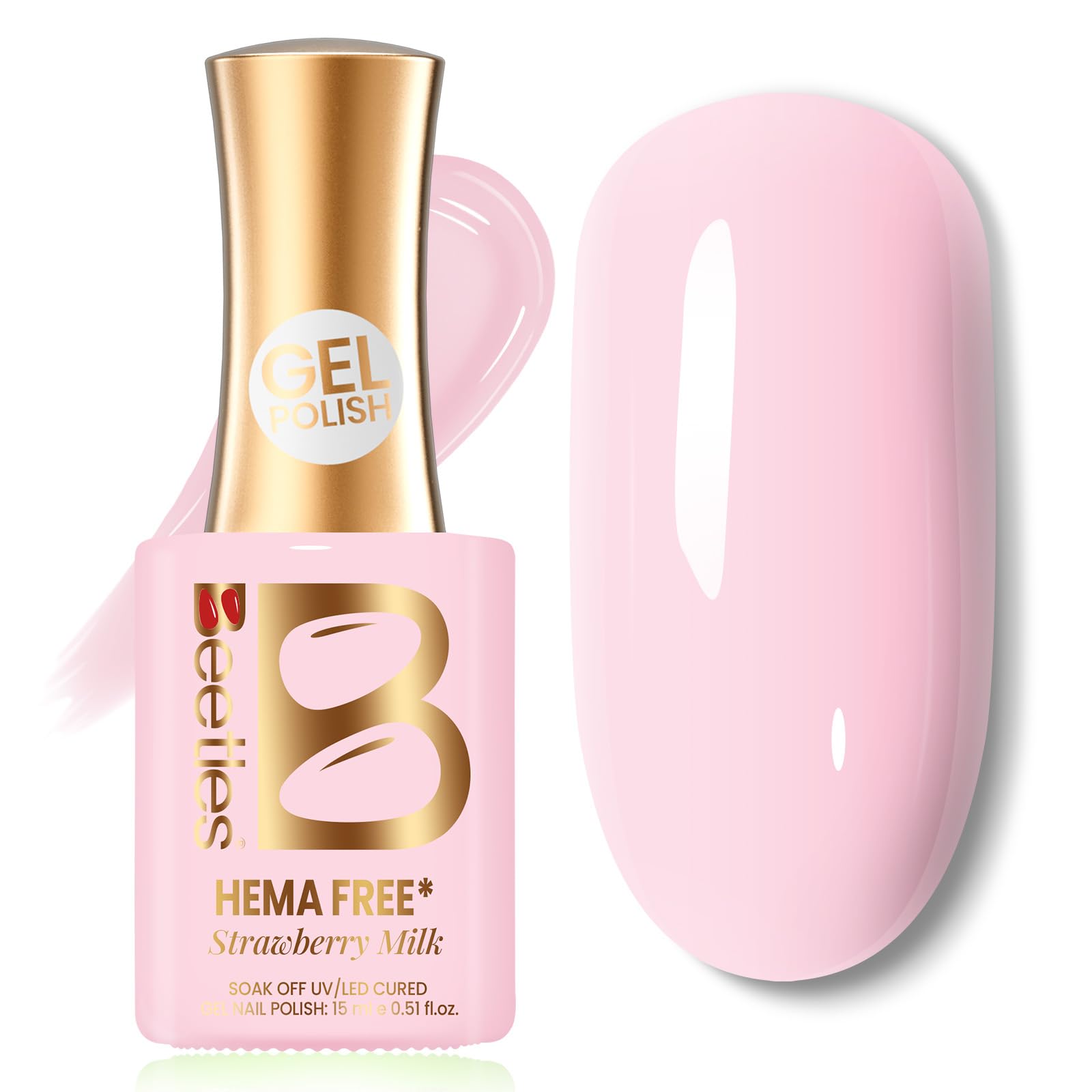 Beetles Gel Polish front bottle showing milky pink shade and clear labeling for easy selection