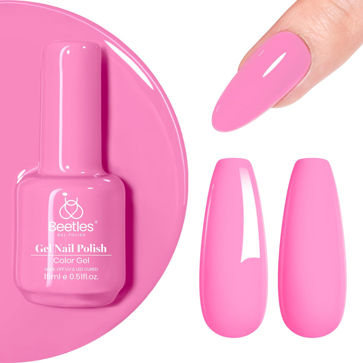 Beetles bottle front view showing bright pink gel polish, professional finish