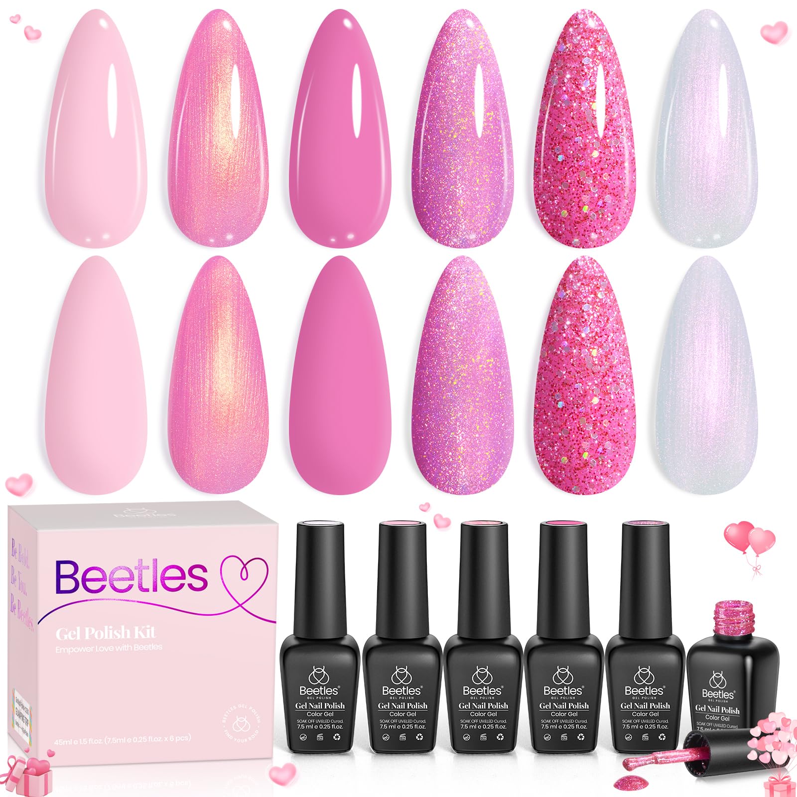 Beetles front packaging showing six pink gel bottles and kit benefits