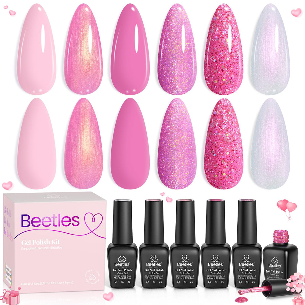 Beetles front packaging showing six pink gel bottles and kit benefits