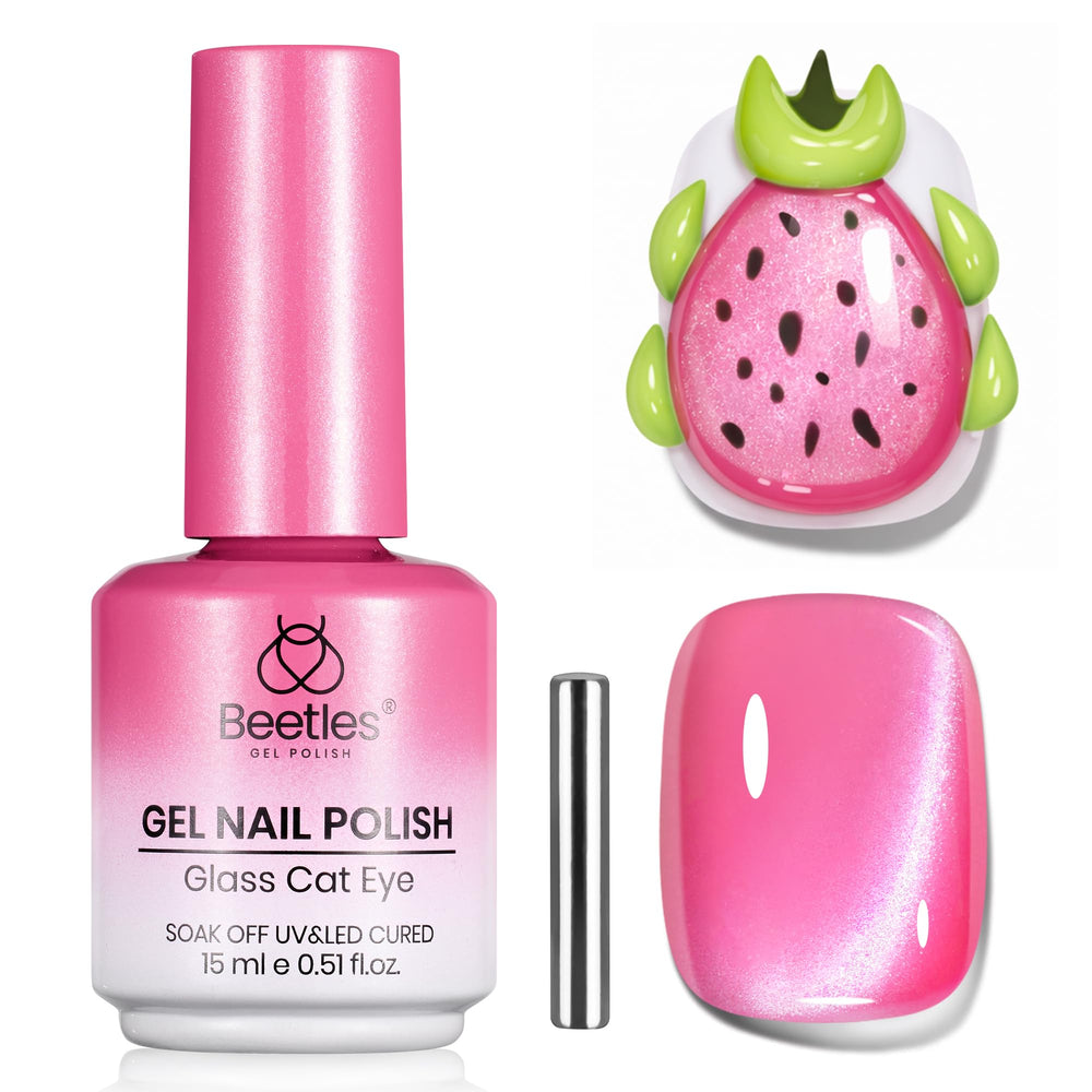 Beetles bottle front view showing pitaya pink polish and compact design benefit