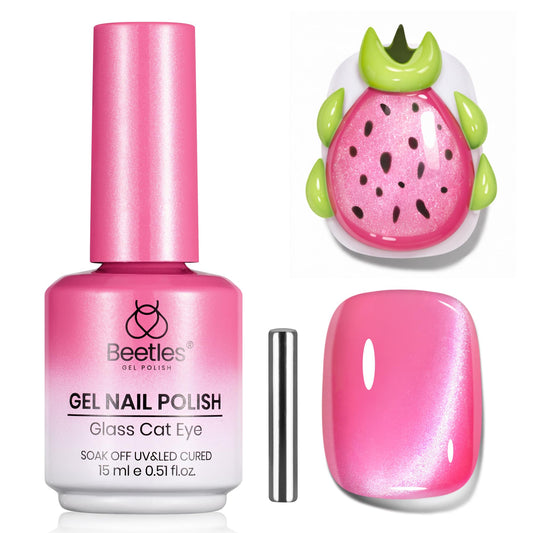 Beetles bottle front view showing pitaya pink polish and compact design benefit