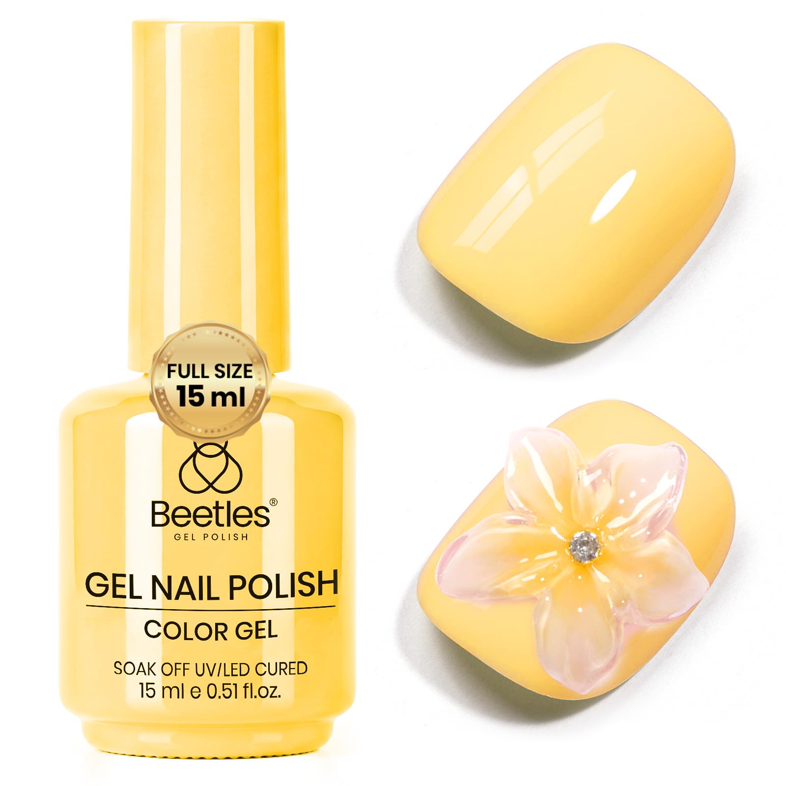 Beetles bottle front view showing plumeria yellow for easy shade pick