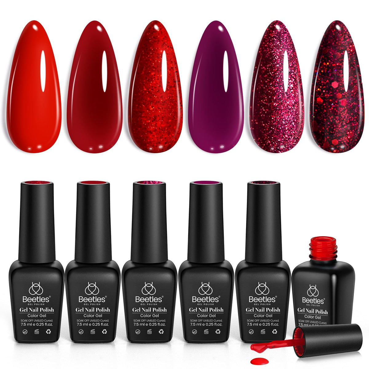 Beetles front packaging showing six red-themed gel polish bottles and gift box benefit easy gifting