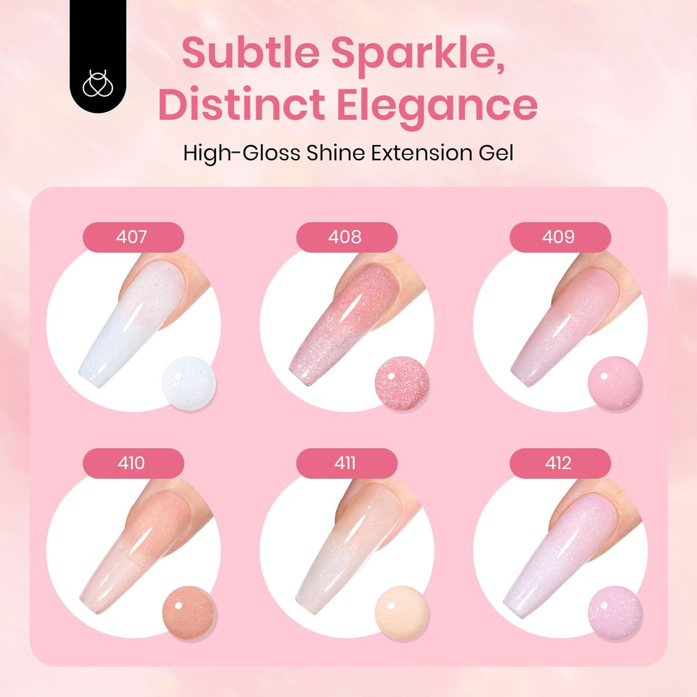 Beetles Gel Polish swatches displaying six nude and pink glitter shades to visualize color options