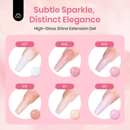 Beetles Gel Polish swatches displaying six nude and pink glitter shades to visualize color options