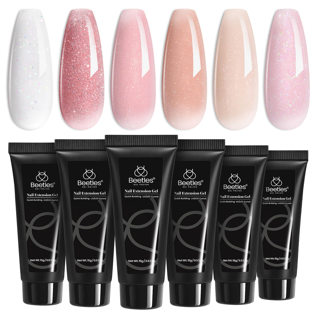 Beetles Gel Polish front packaging showing six nude pink glitter poly gels and labels for easy selection