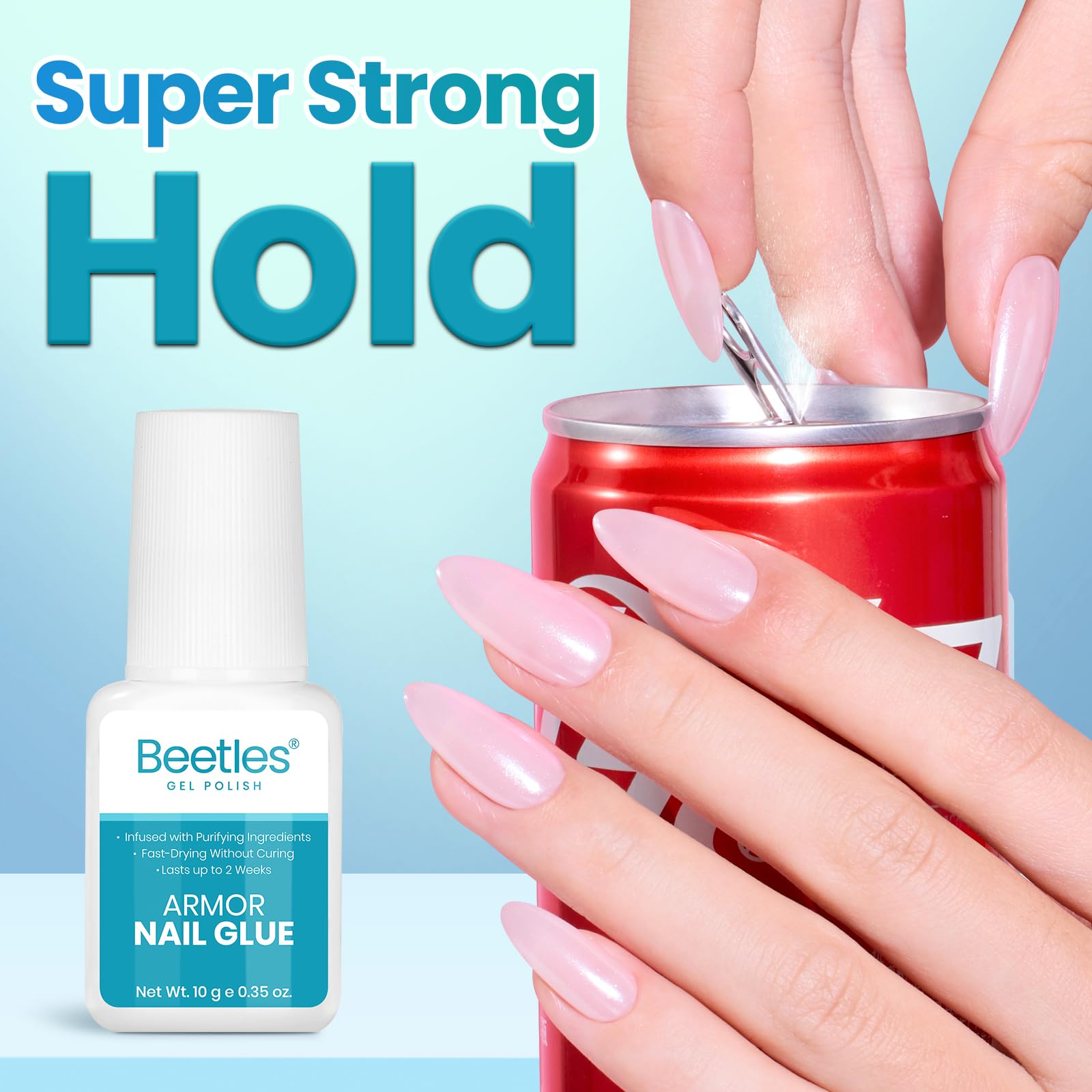 Beetles glue being applied to press-on nail in hand for quick DIY manicure
