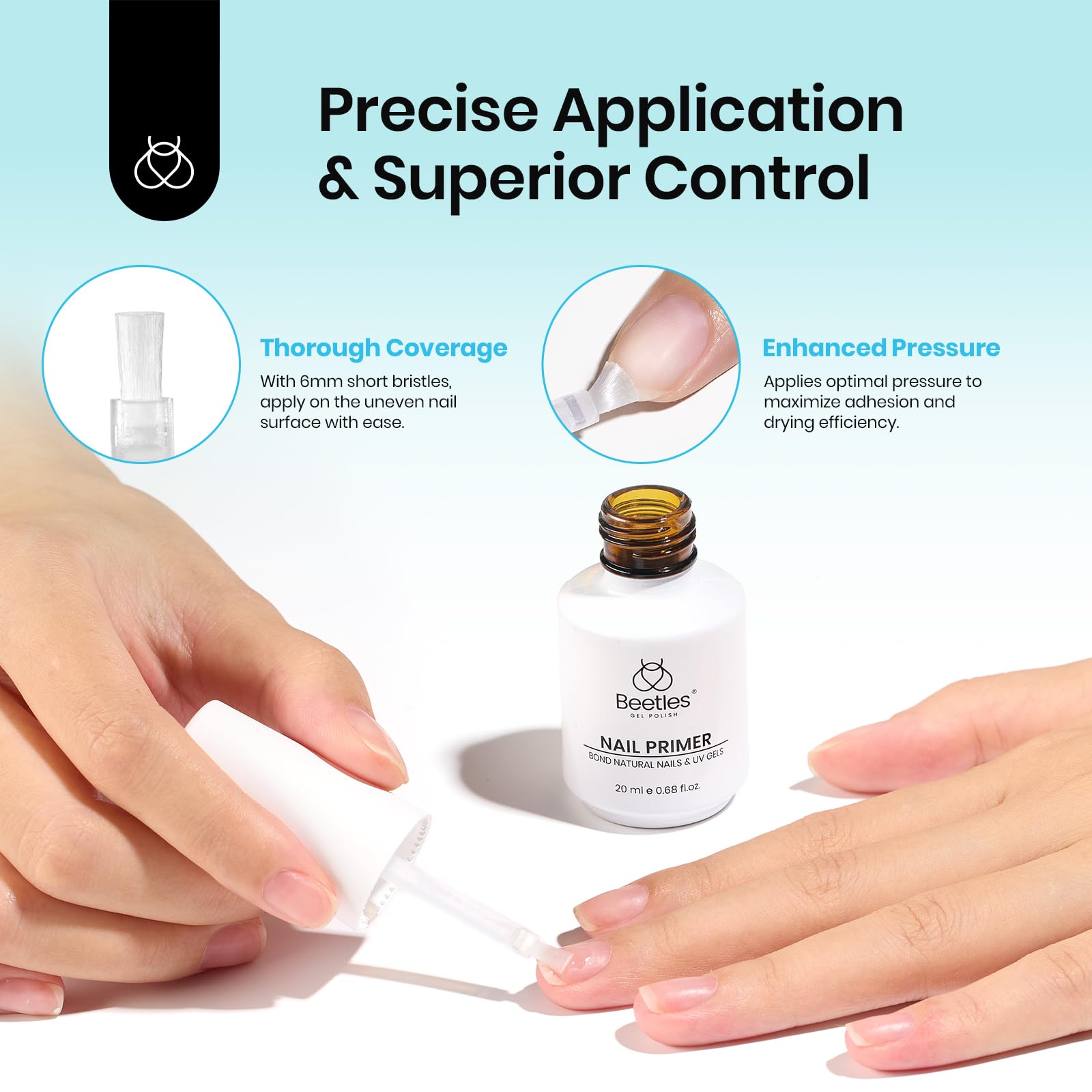 Beetles primer being brushed onto a natural nail for stronger bond