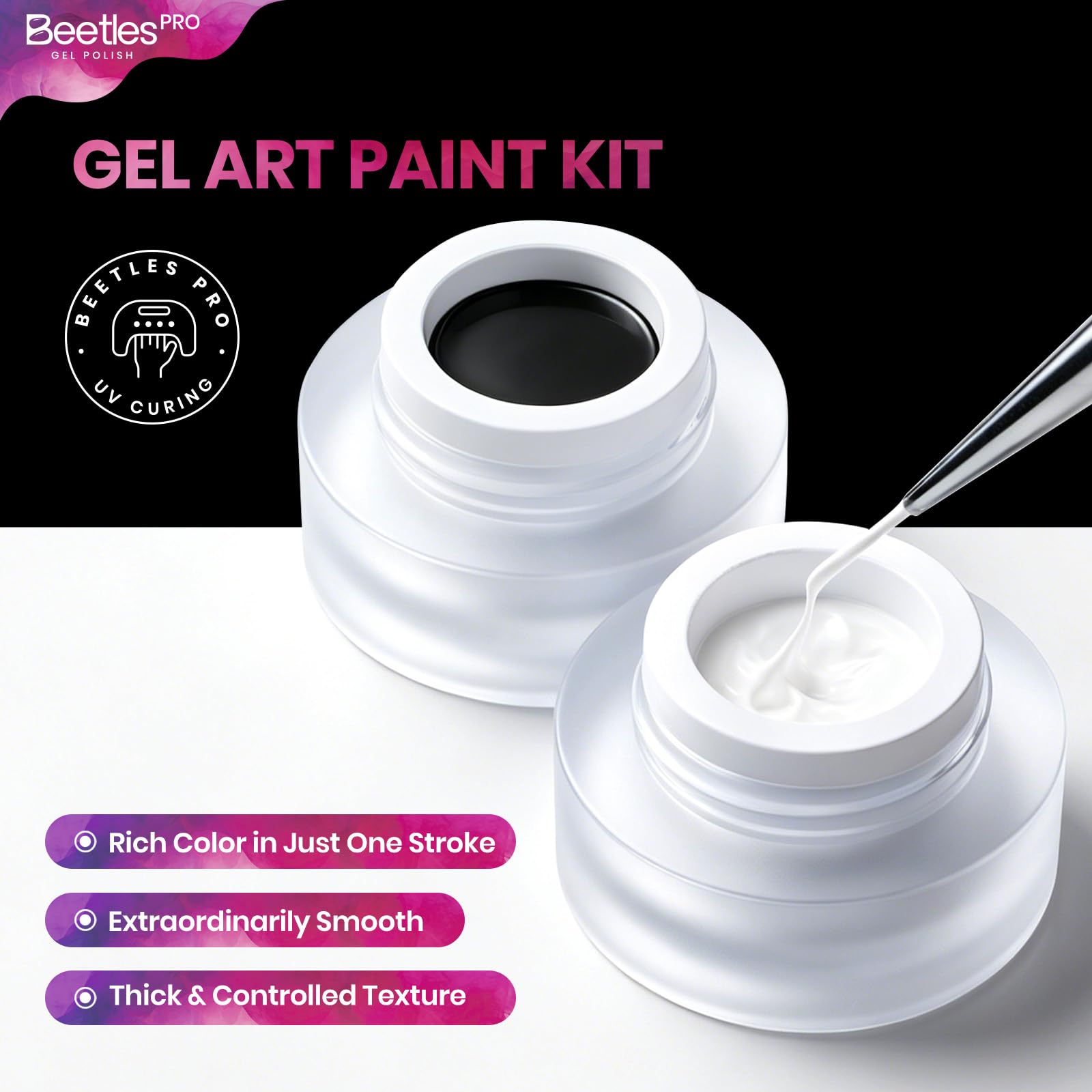 beetles Gel Polish open jars and brush showing creamy gel texture and easy loading benefit