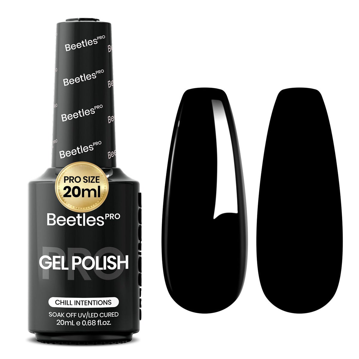 Beetles Gel Polish front bottle view showing deep Audrey black and professional finish