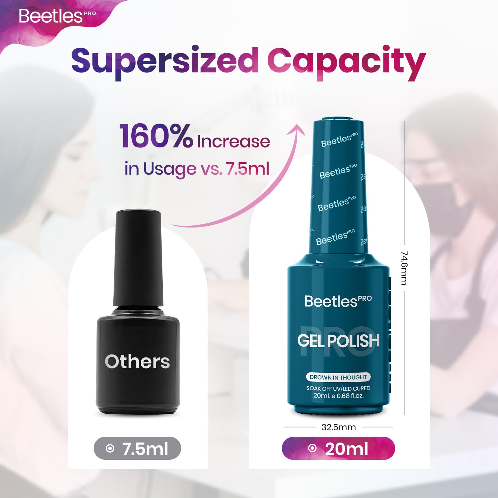 beetles Gel Polish bottle next to hand for scale showing generous 20ml supply