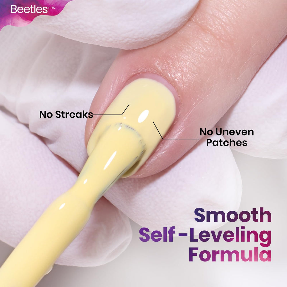 Close-up of Beetles PRO gel texture highlighting self-leveling formula and glossy result after cure
