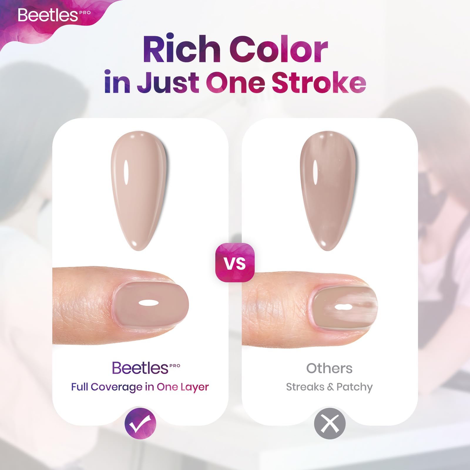 beetles Gel Polish being applied on nails demonstrating even coverage benefit