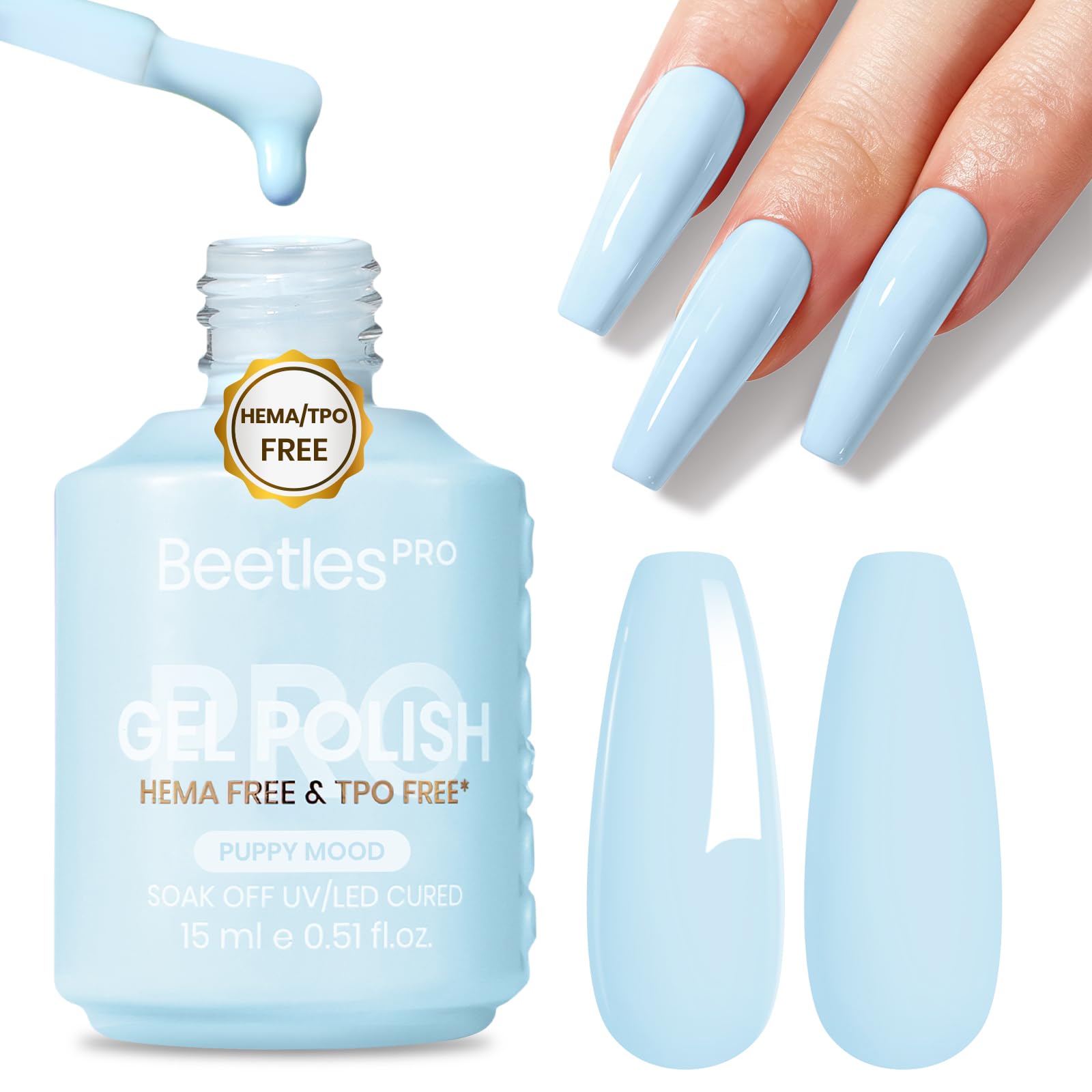 Beetles Pro bottle front view showing pastel blue shade and brand clarity