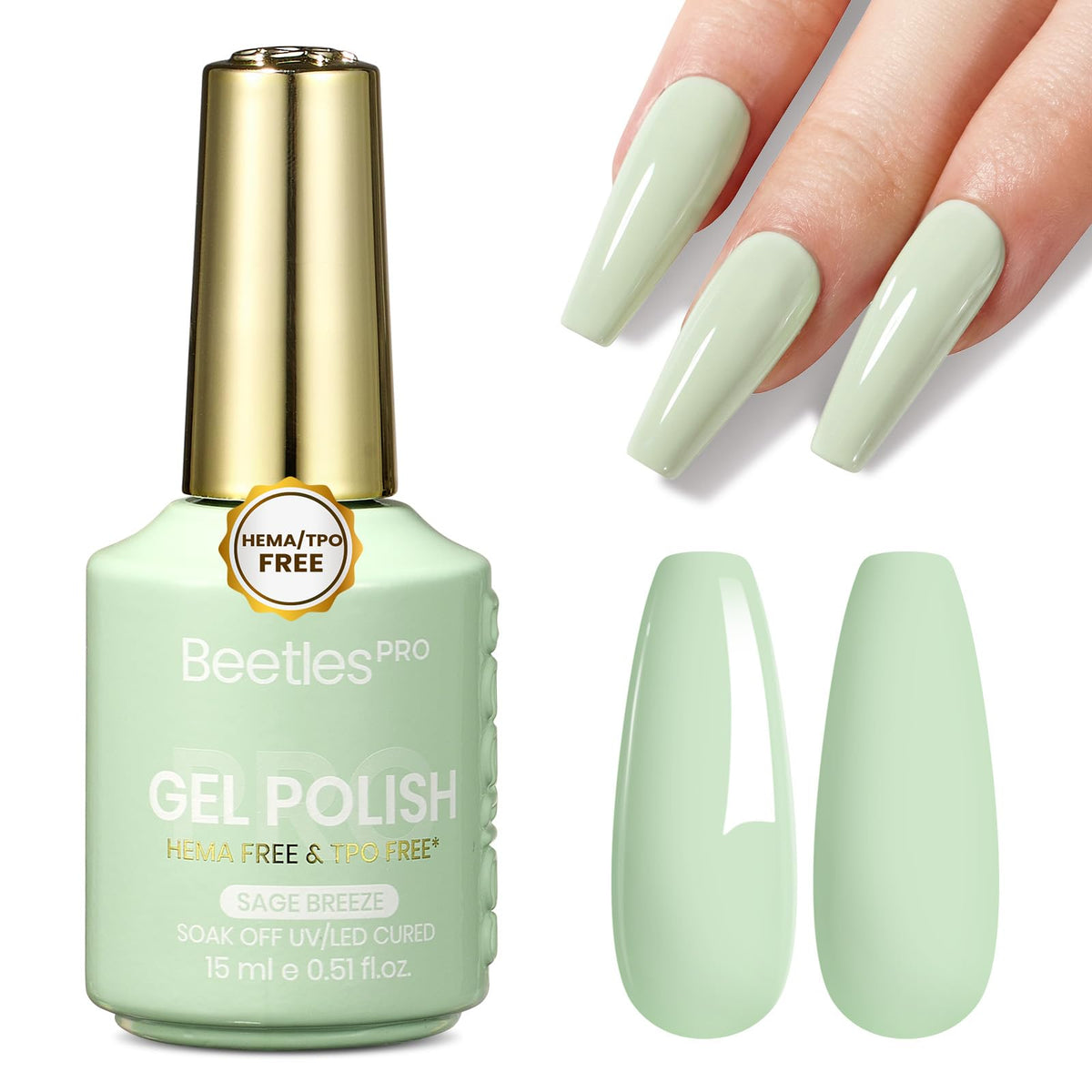 beetles pro bottle front view showing sage breeze pastel green, professional finish