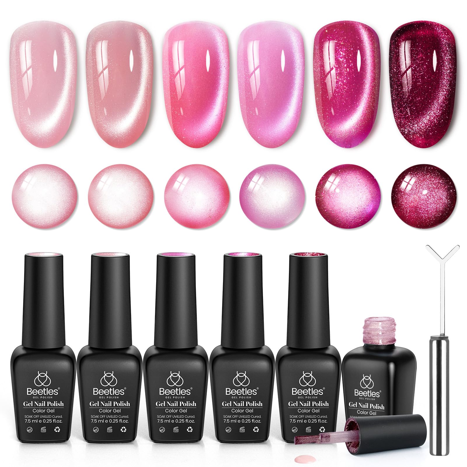 Beetles Gel Polish front packaging showing six pink cat eye bottles and magnet, highlights complete kit benefit