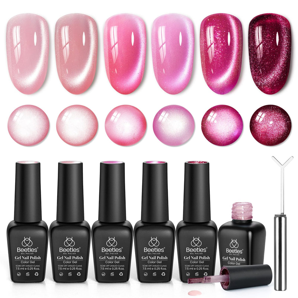Beetles Gel Polish front packaging showing six pink cat eye bottles and magnet, highlights complete kit benefit