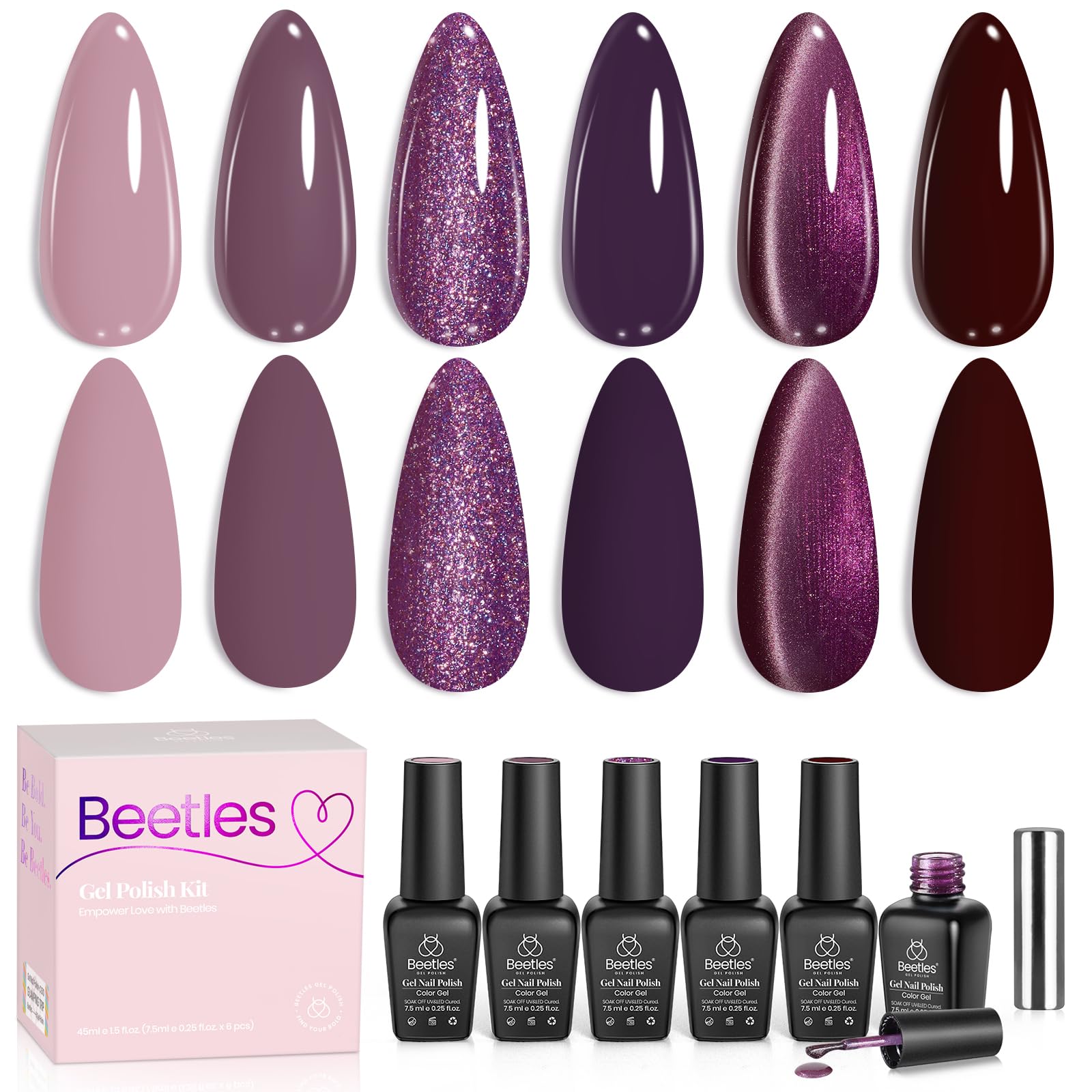 beetles front packaging showing six purple gel colors and round magnet for versatile looks