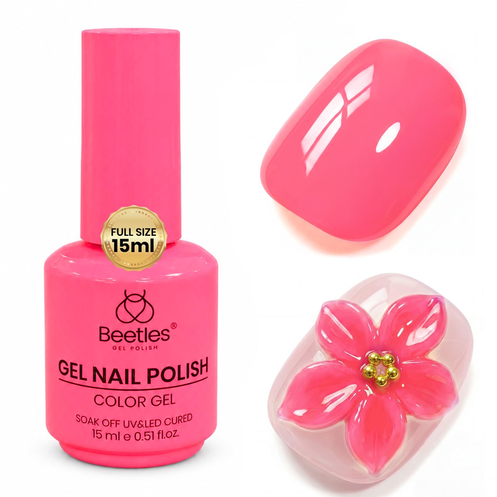 beetles bottle front view showing Raspberry Mousse hot pink and clear labeling, vibrant color advantage