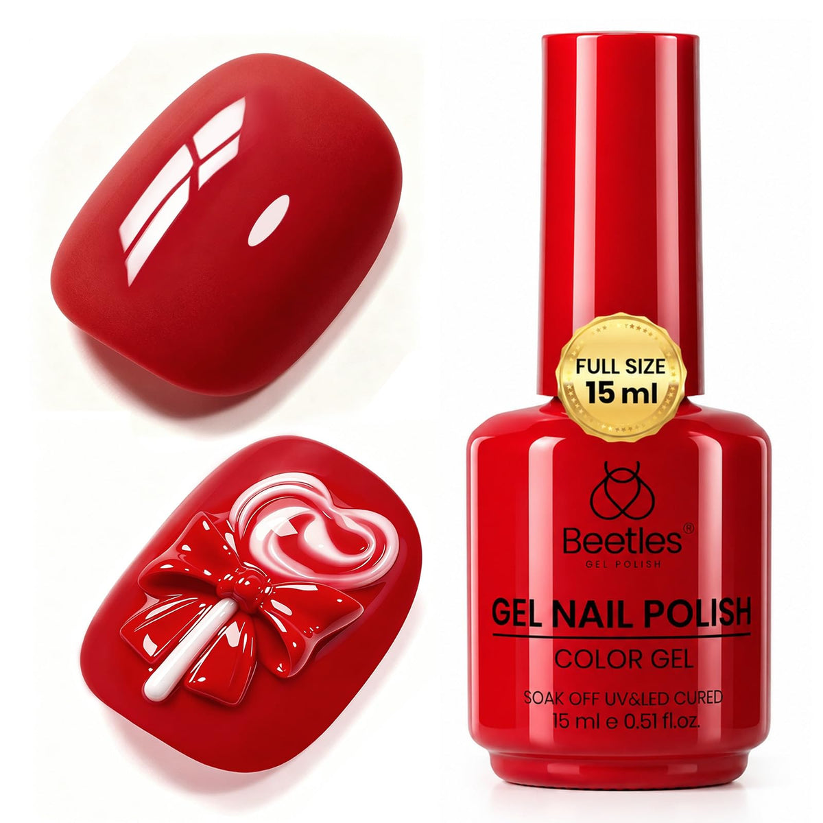 beetles Gel Polish front bottle showing rich red shade and professional finish benefit