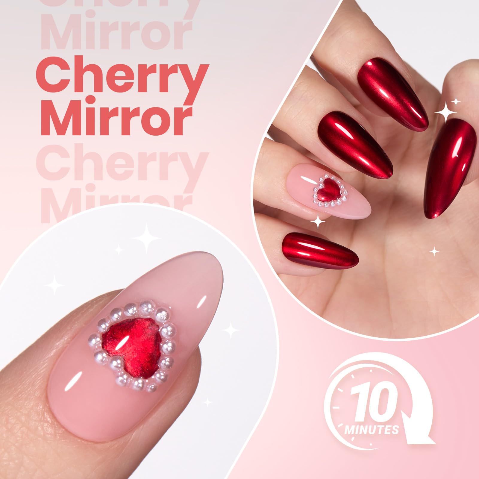 Beetles painted nails in use showing glossy red chrome effect and photo-ready benefit