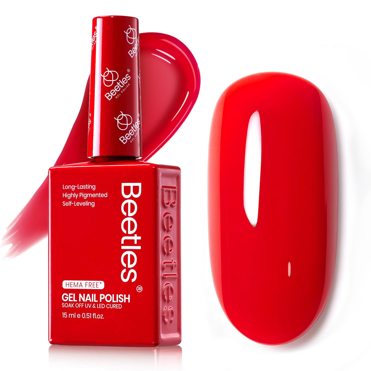 beetles Gel Polish front bottle showing vivid crimson, easy shade selection benefit