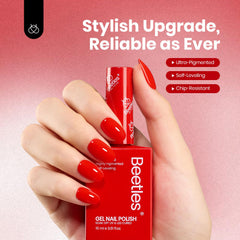 beetles gel polish on styled hands showcasing salon-quality red manicure