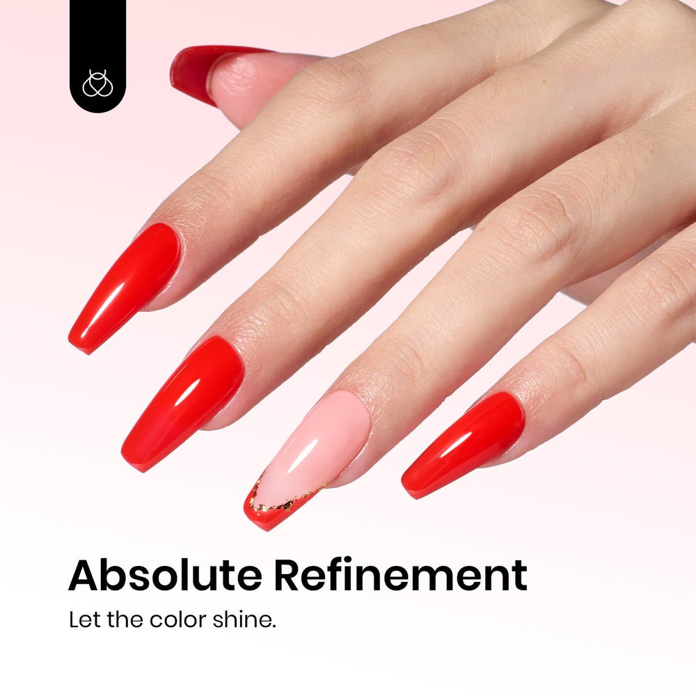 Beetles Gel Polish nail swatch on hand displaying vivid red and salon-quality look benefit