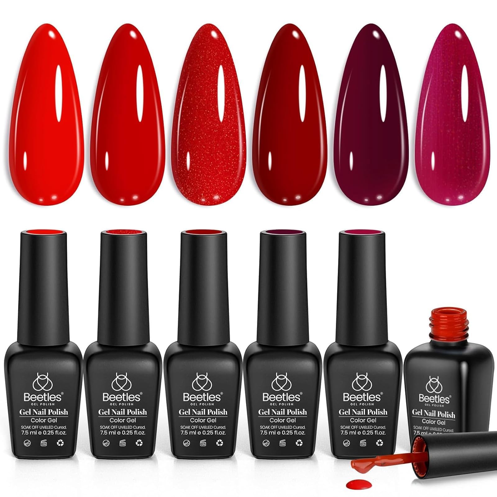 Beetles front packaging showing six red gel bottles, vibrant gift-ready set