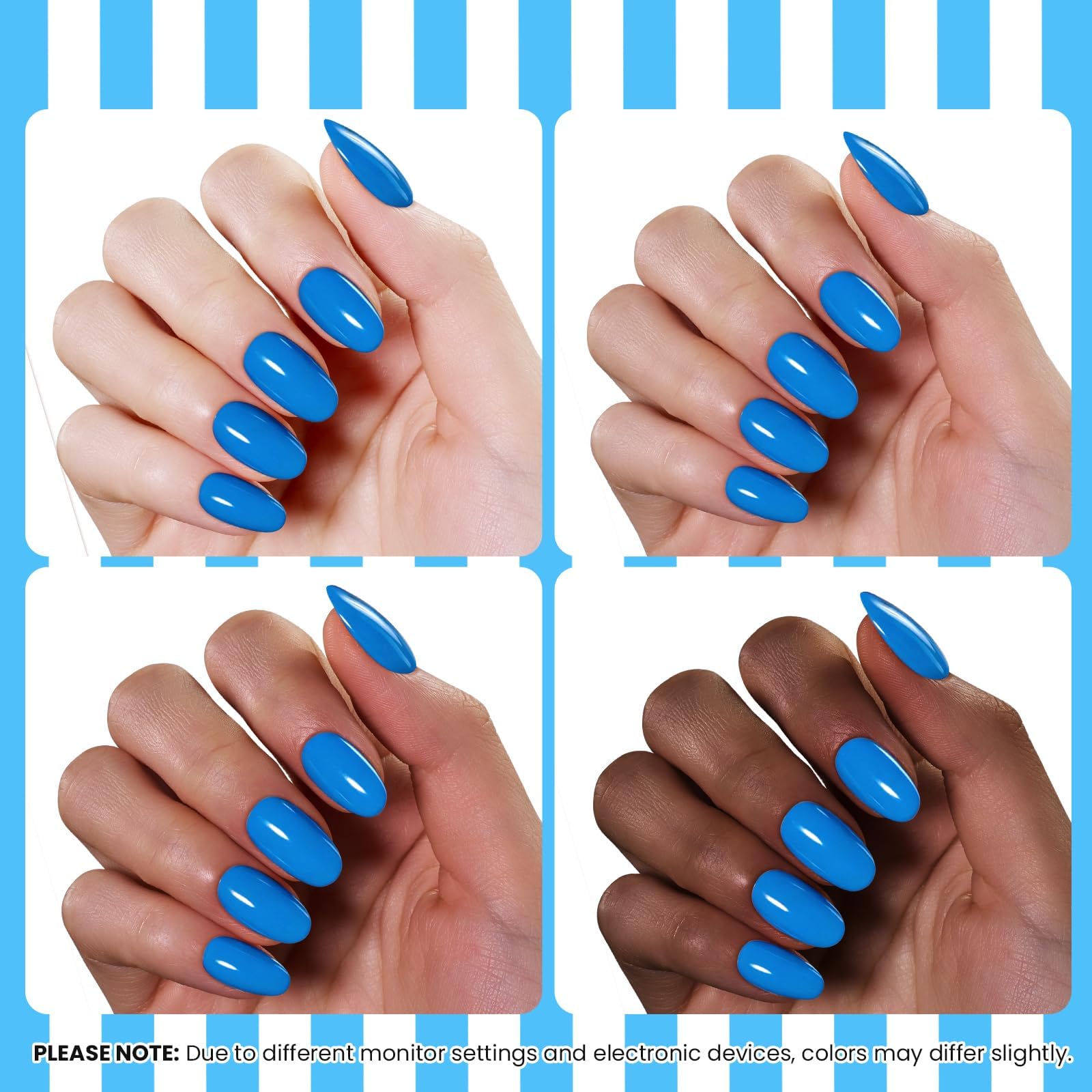 Beetles Gel Polish on model hand highlighting vibrant summer navy manicure in lifestyle setting
