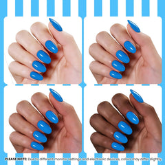 Beetles Gel Polish on model hand highlighting vibrant summer navy manicure in lifestyle setting