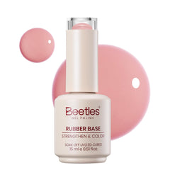 Beetles bottle front view showing rosy nude base gel and clear branding for neat storage