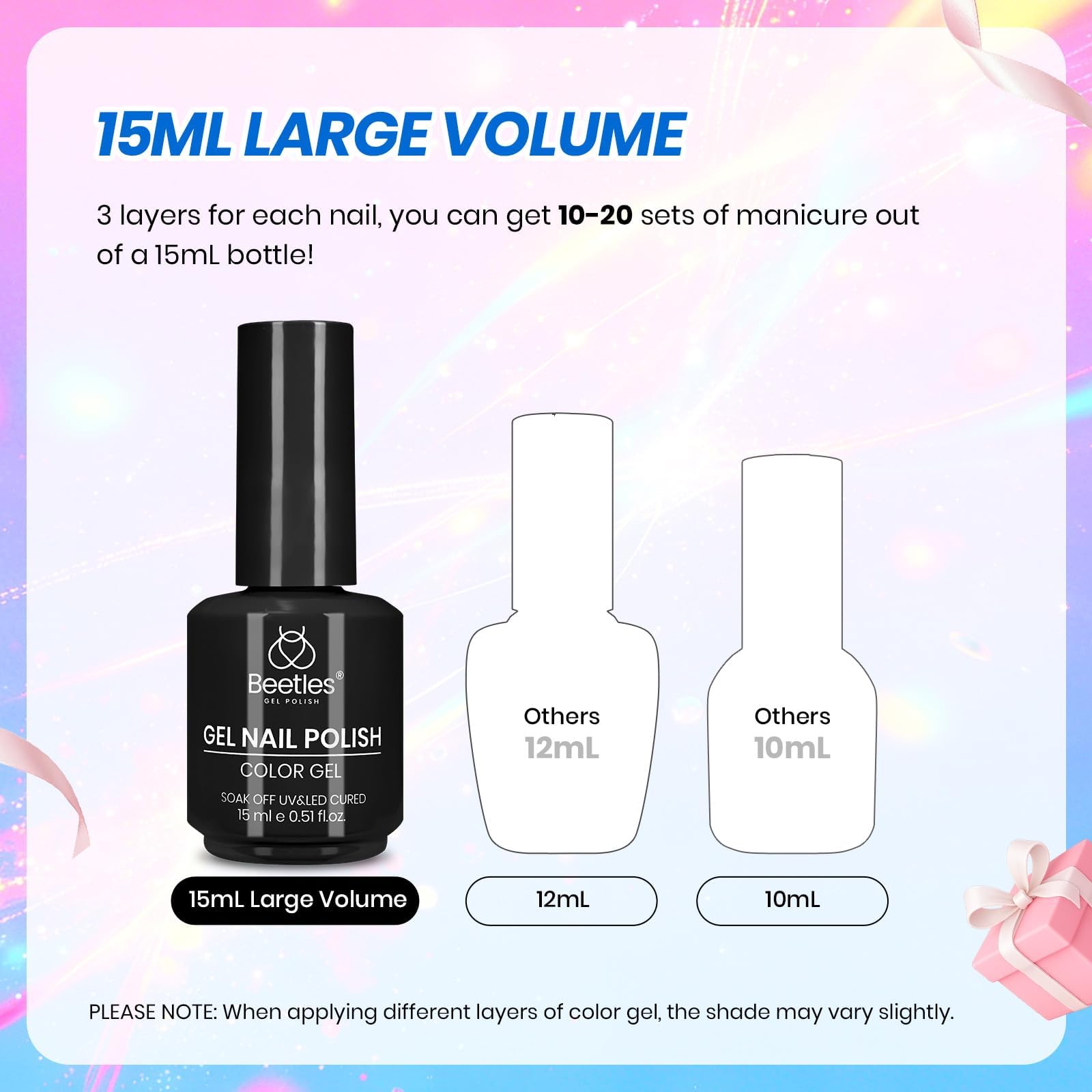 Beetles Gel Polish bottles beside ruler for scale showing generous 15ml volume