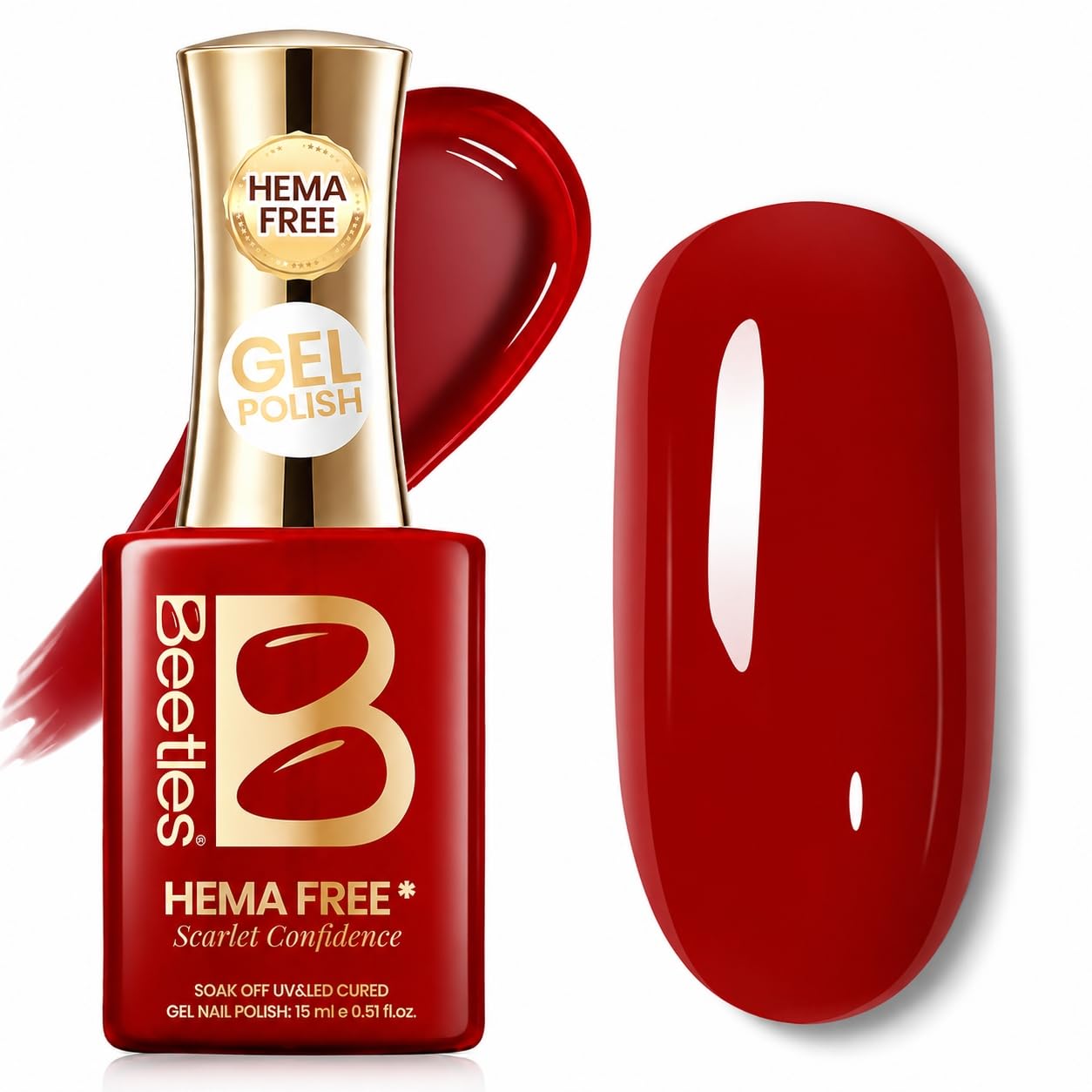 Beetles Scarlet Confidence front bottle shows true red shade and generous 15ml size benefit