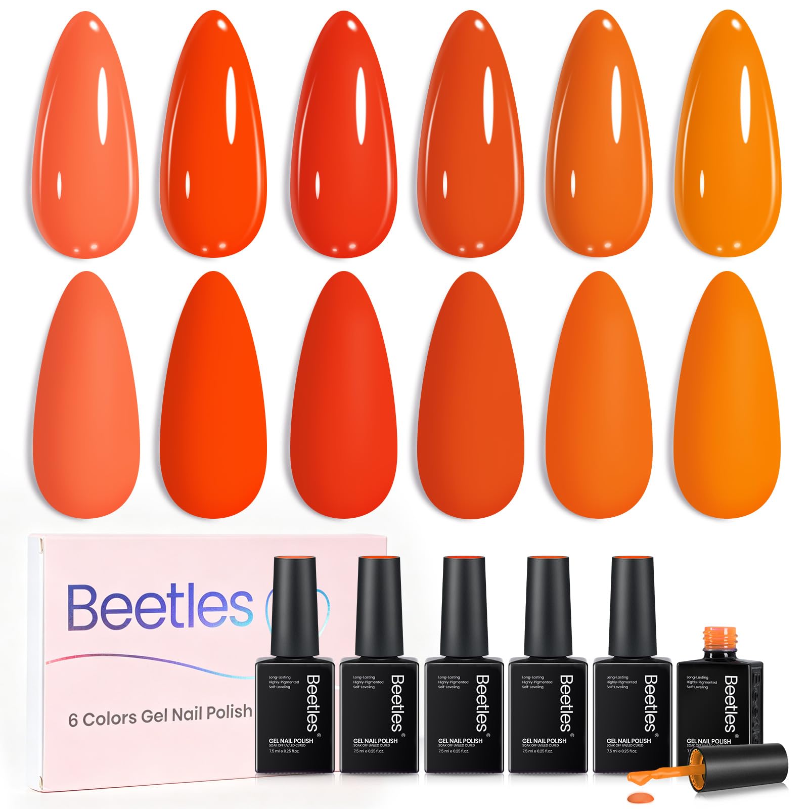 beetles front lineup showing five sunset gel polish shades for bold color