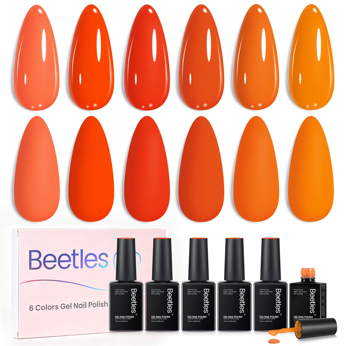 beetles front lineup showing five sunset gel polish shades for bold color
