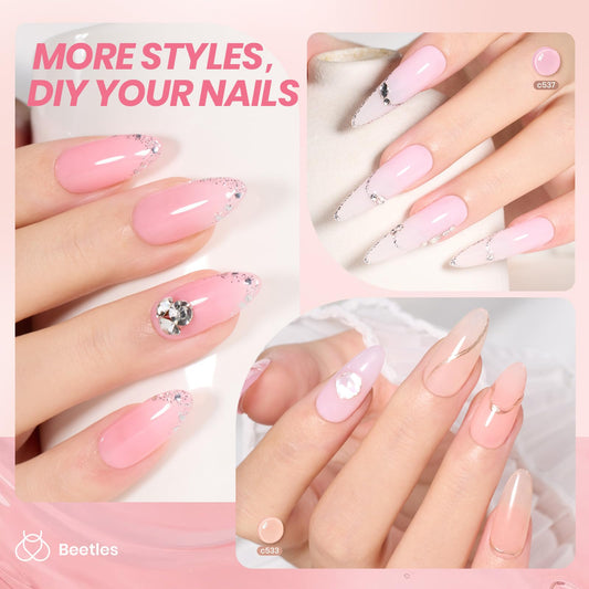 Beetles Gel Polish swatches on white card displaying six milky pink tones, helpful for selection