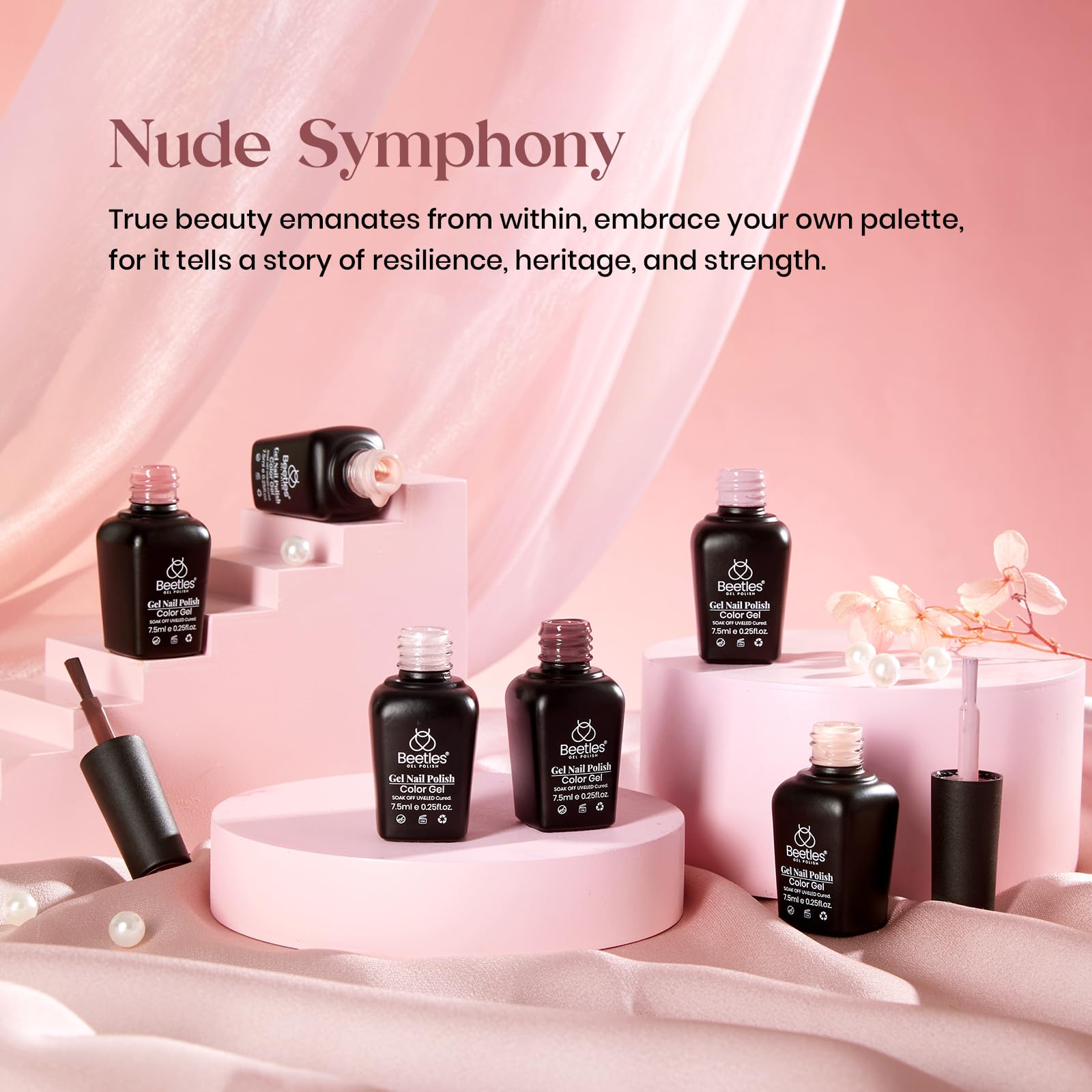 beetles labeled lineup of six neutral pink and brown gel polishes for easy choice