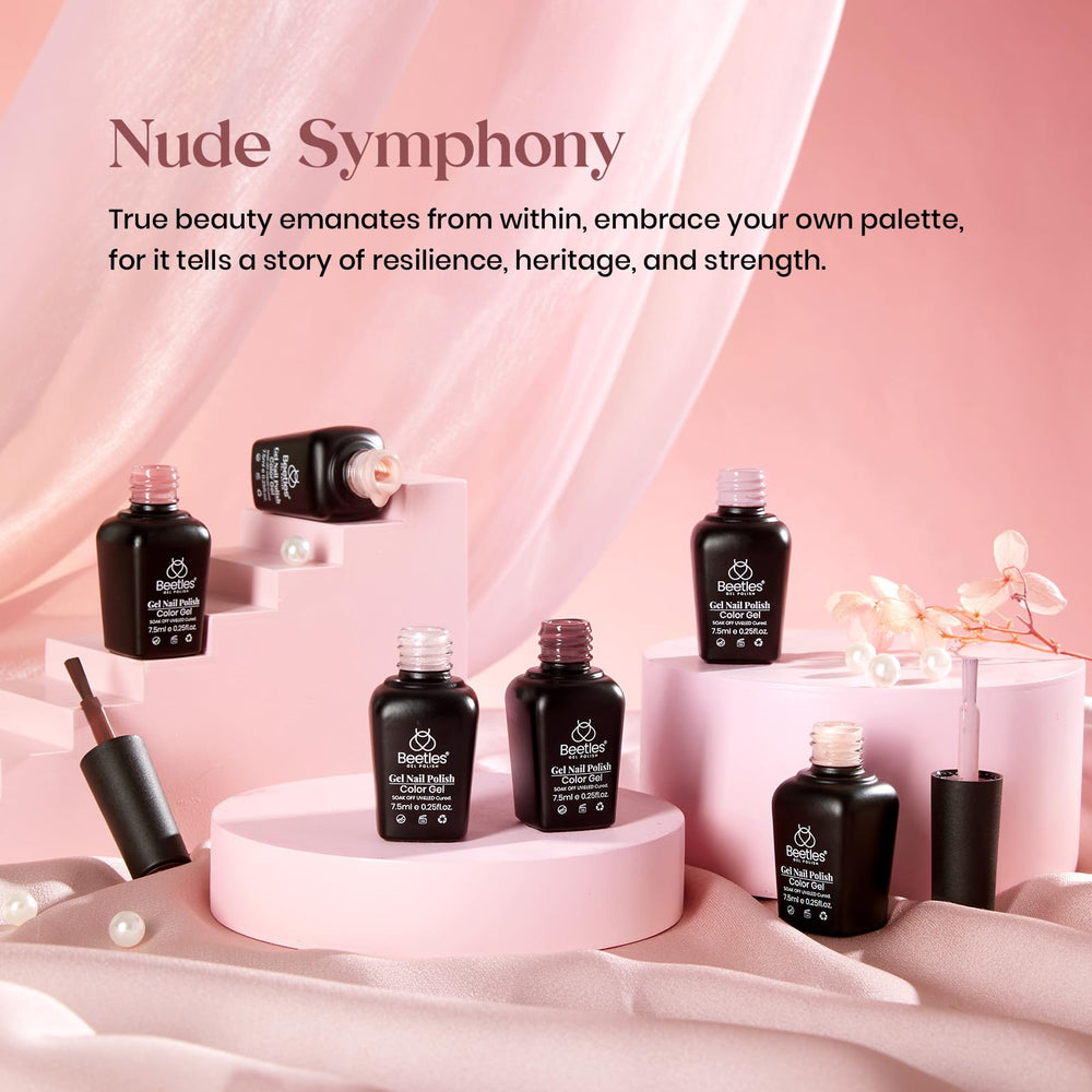 beetles labeled lineup of six neutral pink and brown gel polishes for easy choice