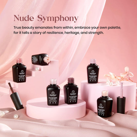 beetles labeled lineup of six neutral pink and brown gel polishes for easy choice