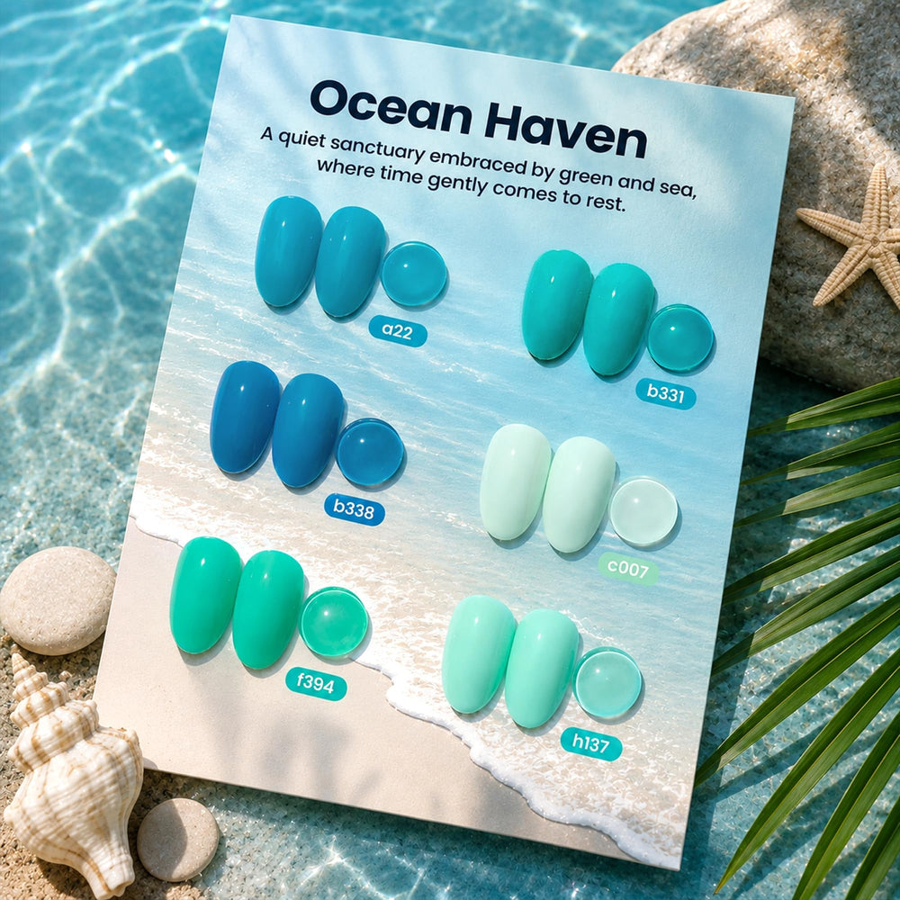 beetles Gel Polish swatch fan of seven ocean-inspired shades for mixing ideas