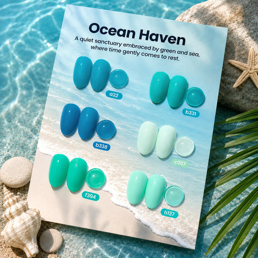beetles Gel Polish swatch fan of seven ocean-inspired shades for mixing ideas