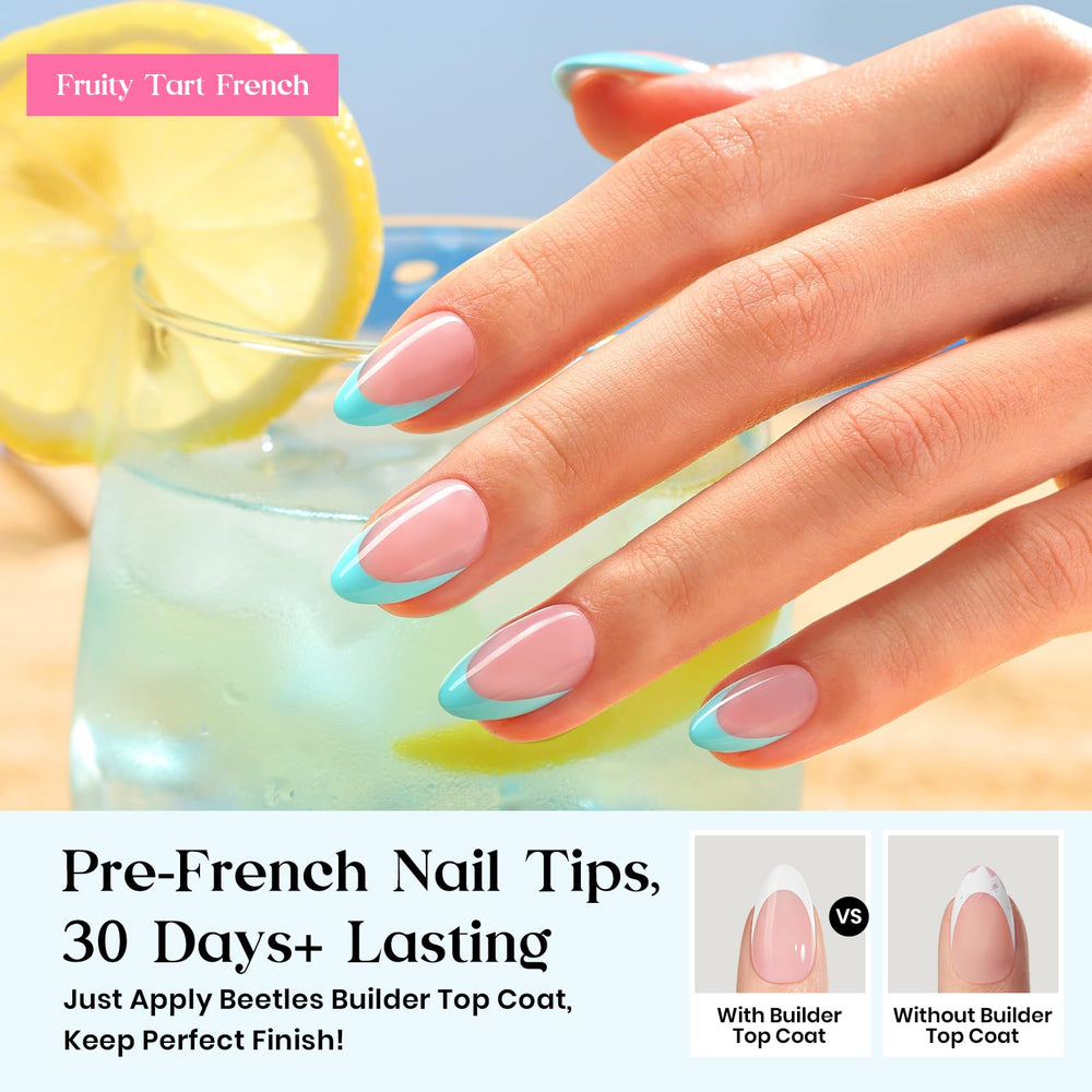 Beetles close-up of short almond French tips highlighting smooth finish