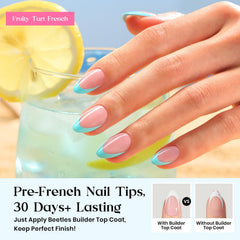 Beetles close-up of short almond French tips highlighting smooth finish
