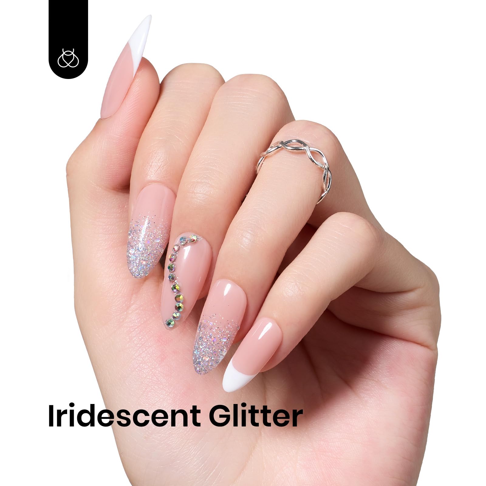 Beetles painted nails on a hand showing reflective silver chrome finish and long-lasting shine