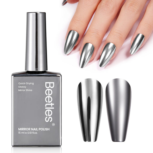 Beetles bottle front view showing mirror silver finish and compact 15ML size benefit
