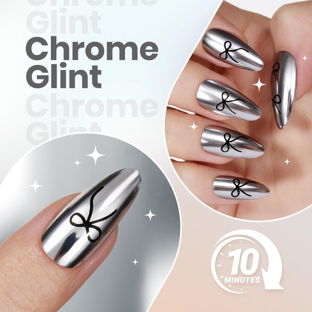 Woman wearing Beetles chrome nails in lifestyle shot showcasing long-lasting shine