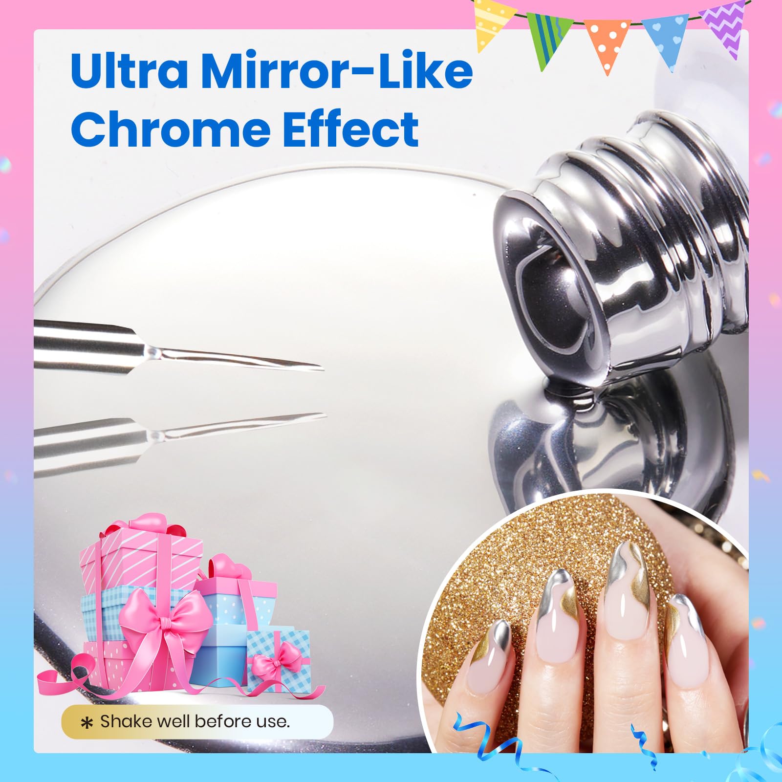 beetles silver liner swatch on nail showing mirror-like chrome shine