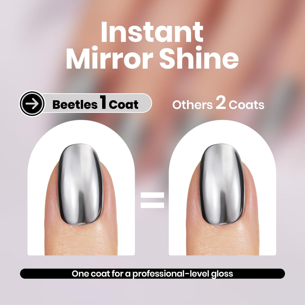 Beetles silver swatch on nail tip demonstrating chrome reflectivity and high gloss